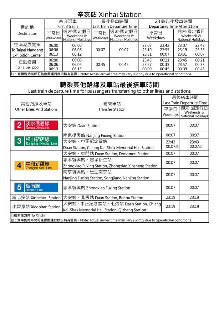 辛亥站首班車/末班車時間表