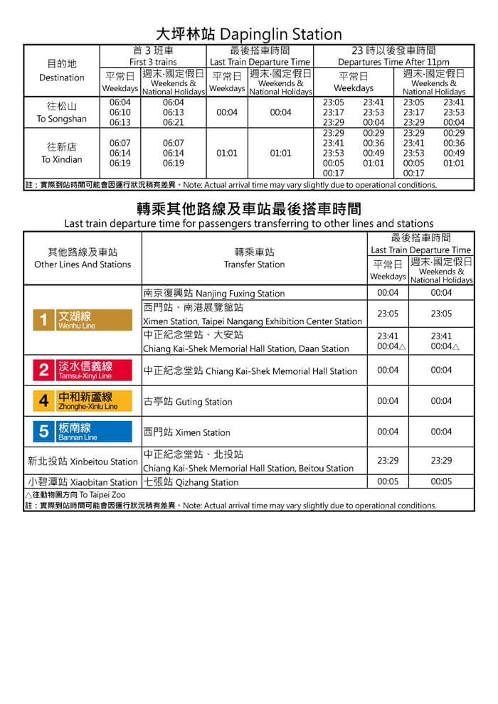 大坪林站首班車/末班車時間表