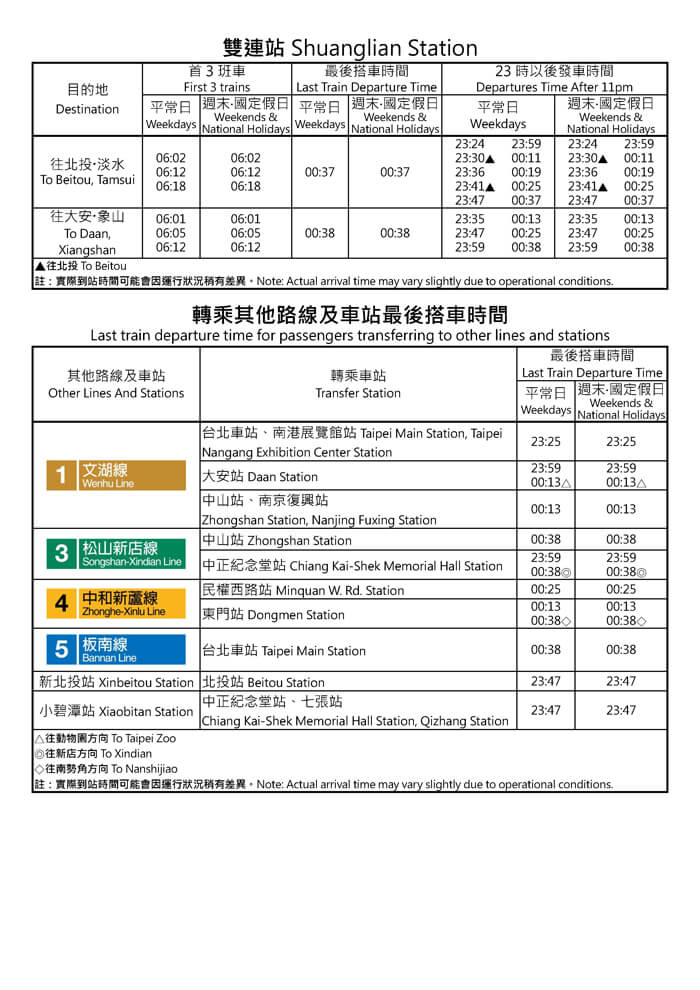 雙連站首班車/末班車時間表