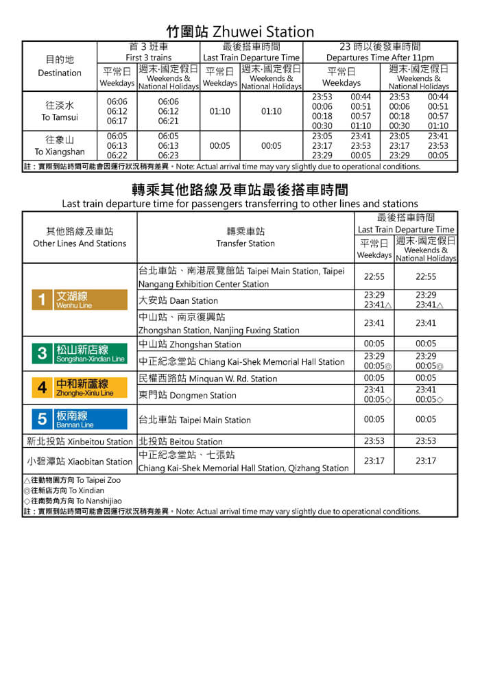 竹圍站首班車/末班車時間表