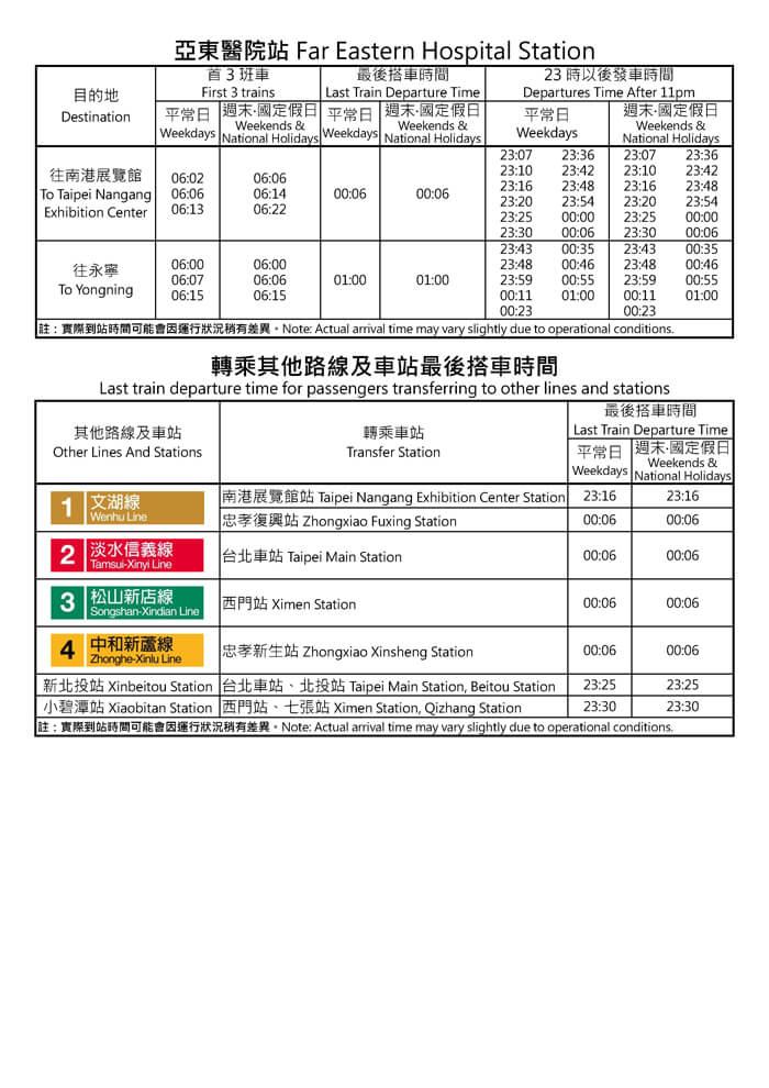 亞東醫院站首班車/末班車時間表