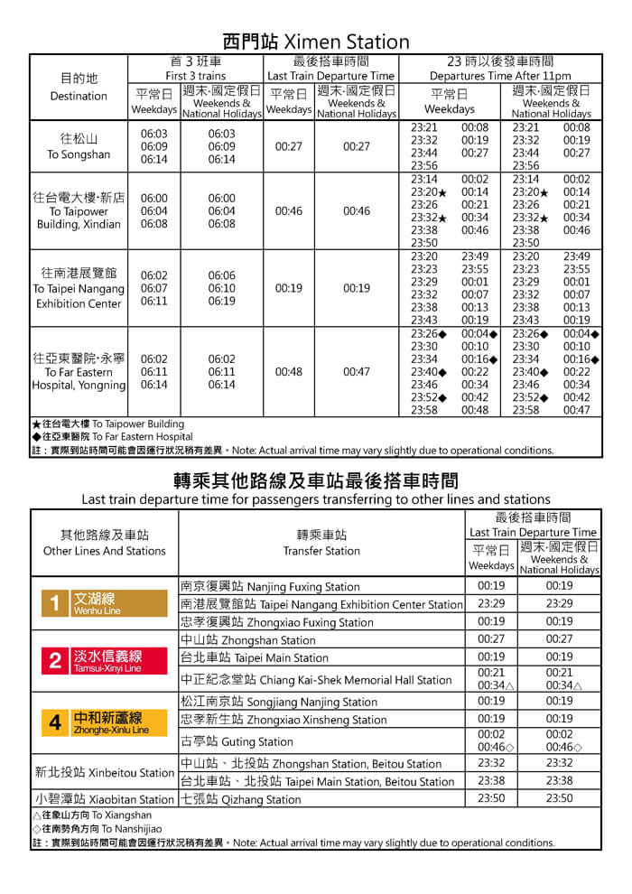 西門站首班車/末班車時間表