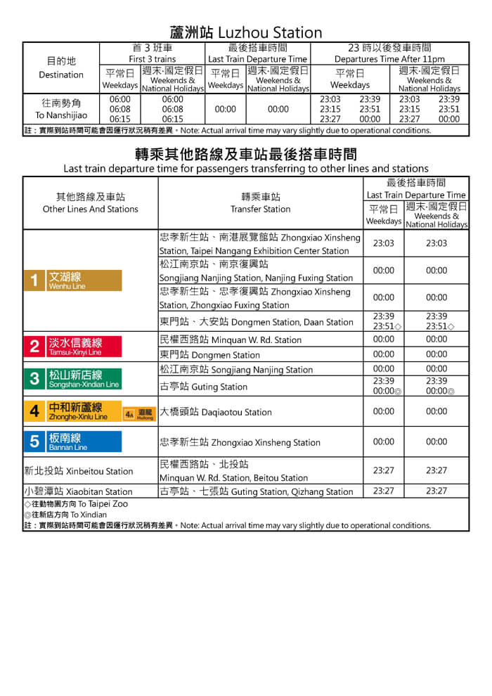 蘆洲站首班車/末班車時間表