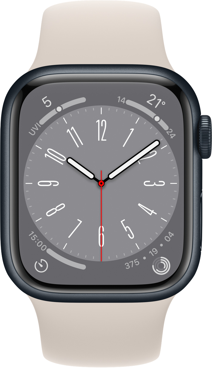 תמונה בגודל אמיתית של  Apple Watch Series 8 (41mm) .