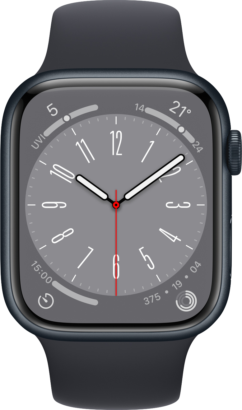 الصورة بالحجم الفعلي لل Apple Watch Series 8 (45mm) .