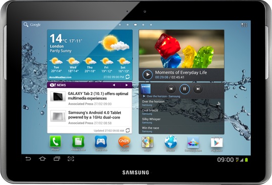 תמונה בגודל אמיתית של  Samsung Galaxy Tab 2 10.1 (wifi/3G) .
